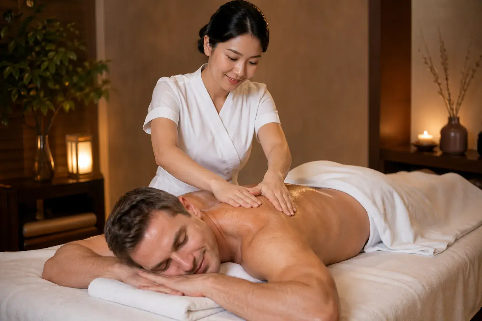 Friendly professional massage therapist giving a relaxing back massage at Susie Oriental Massage Spa in La Habra