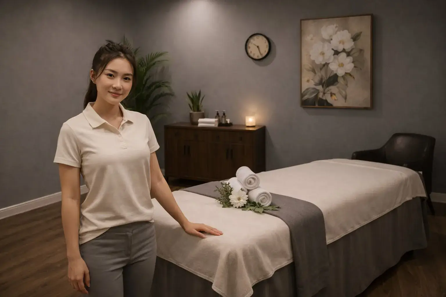 Friendly massage therapist beside a clean treatment table at Susie Massage Spa in La Habra