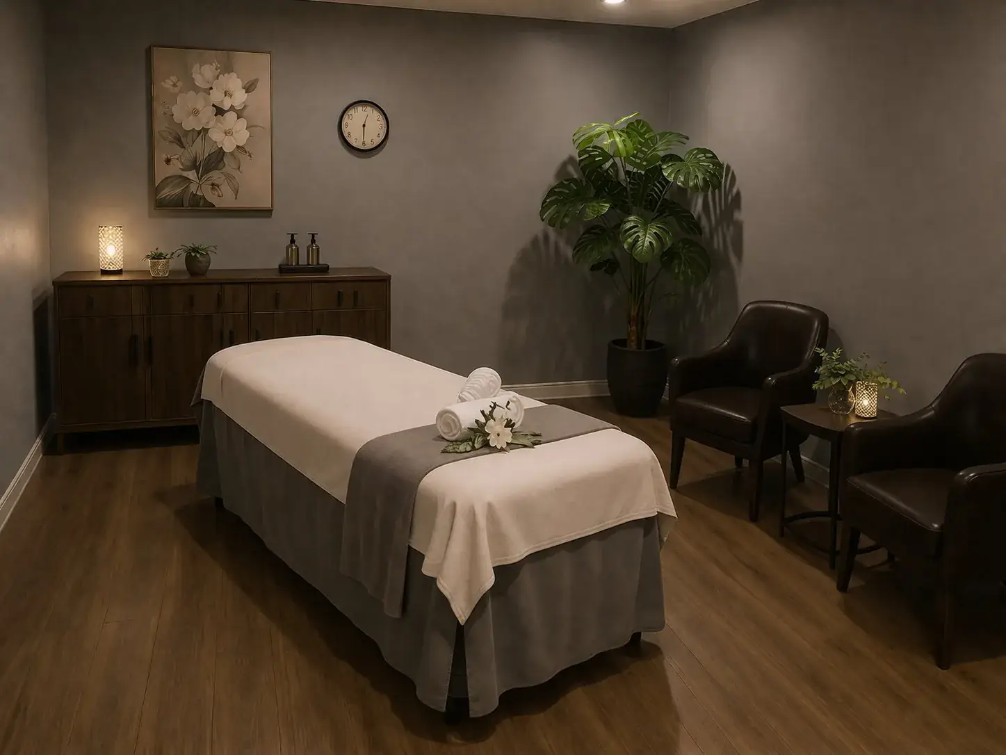 Cozy private massage room with floral artwork at Susie Spa in La Habra