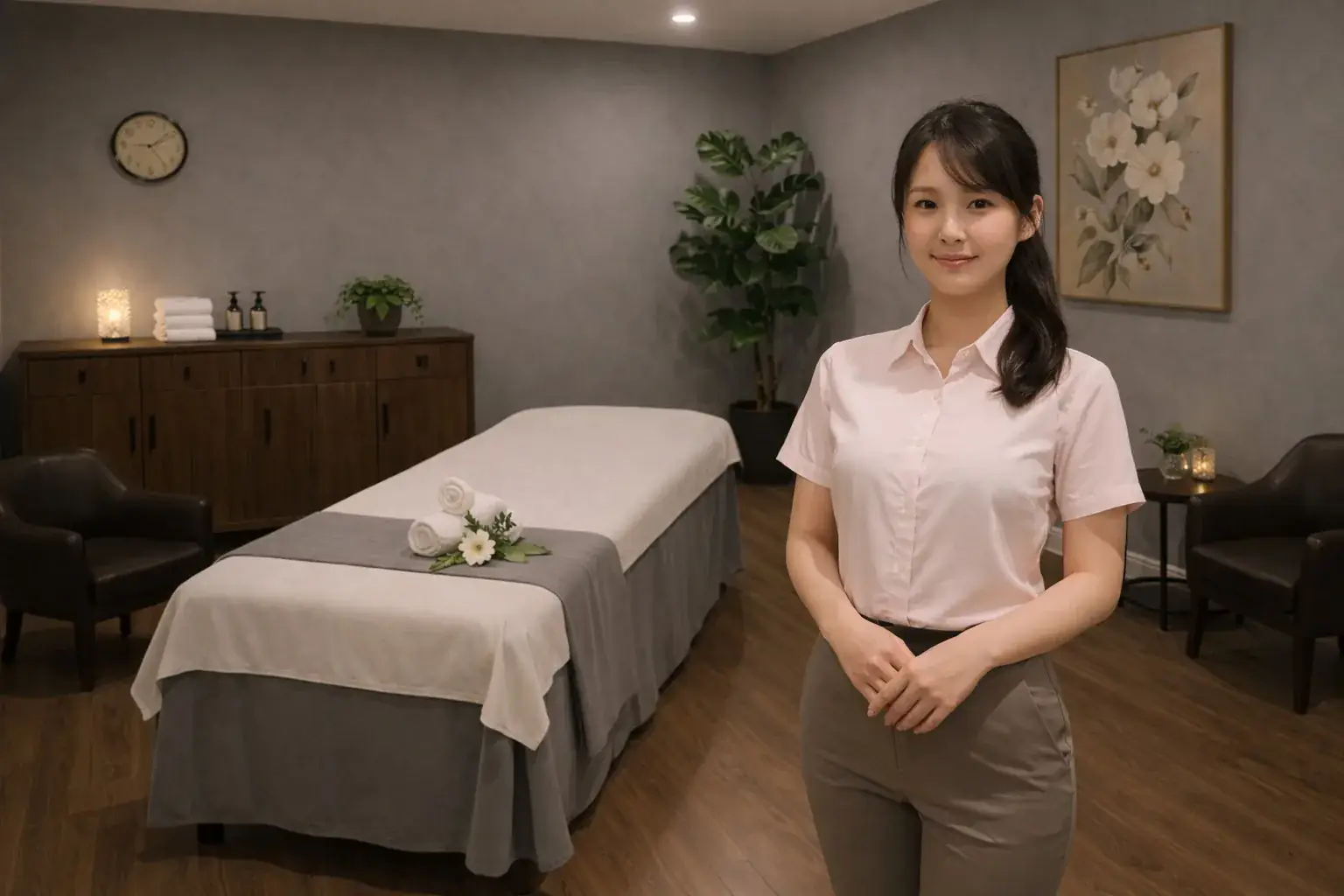 Friendly massage therapist standing in a clean private room at Susie Oriental Massage Spa in La Habra